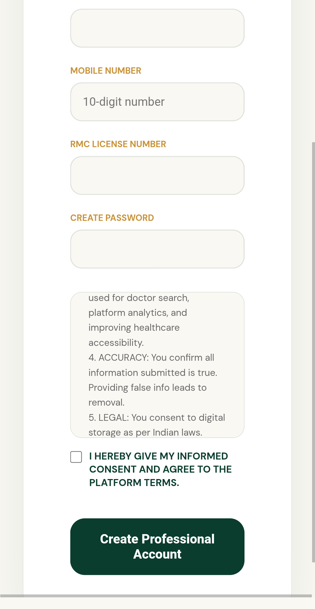 Consent agreement and submit button
