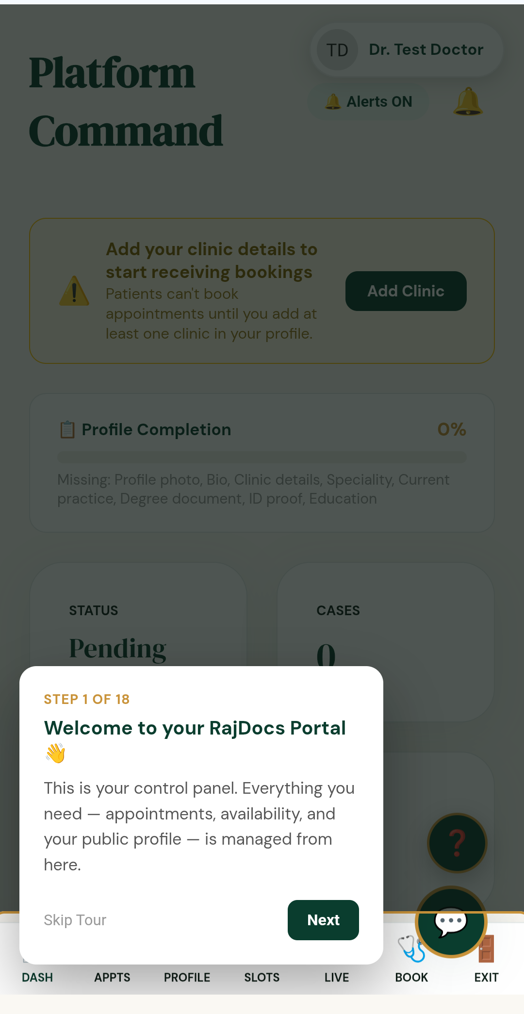 Dashboard showing Pending status