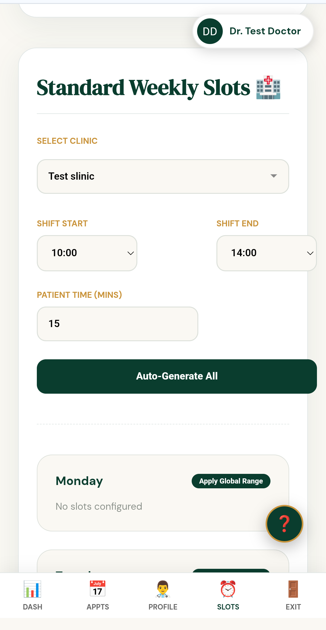 Standard Weekly Slots screen