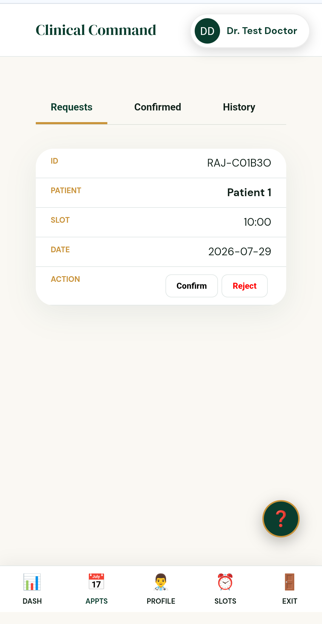 Appointment request with Confirm and Reject buttons
