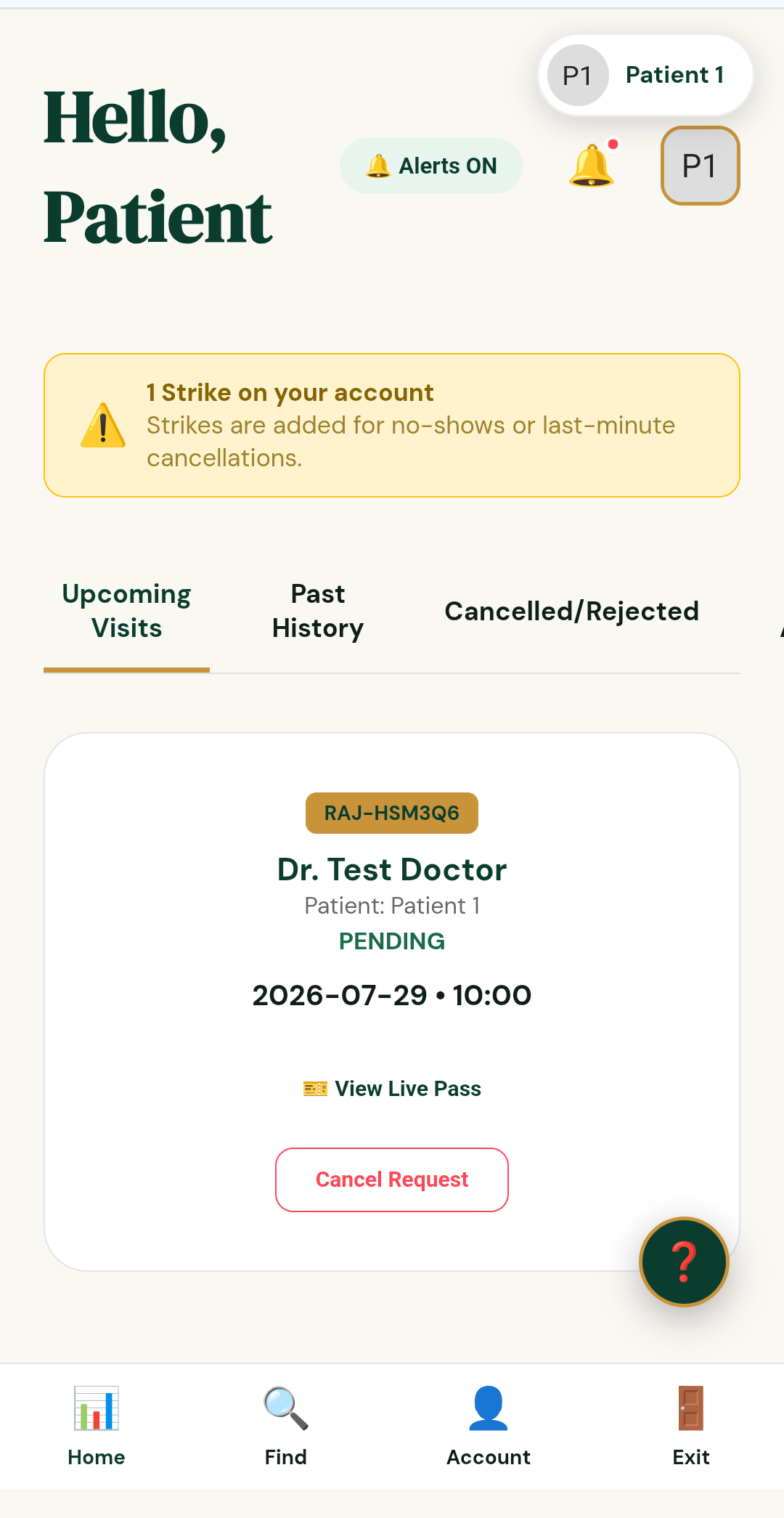 Upcoming visit card with cancel request option